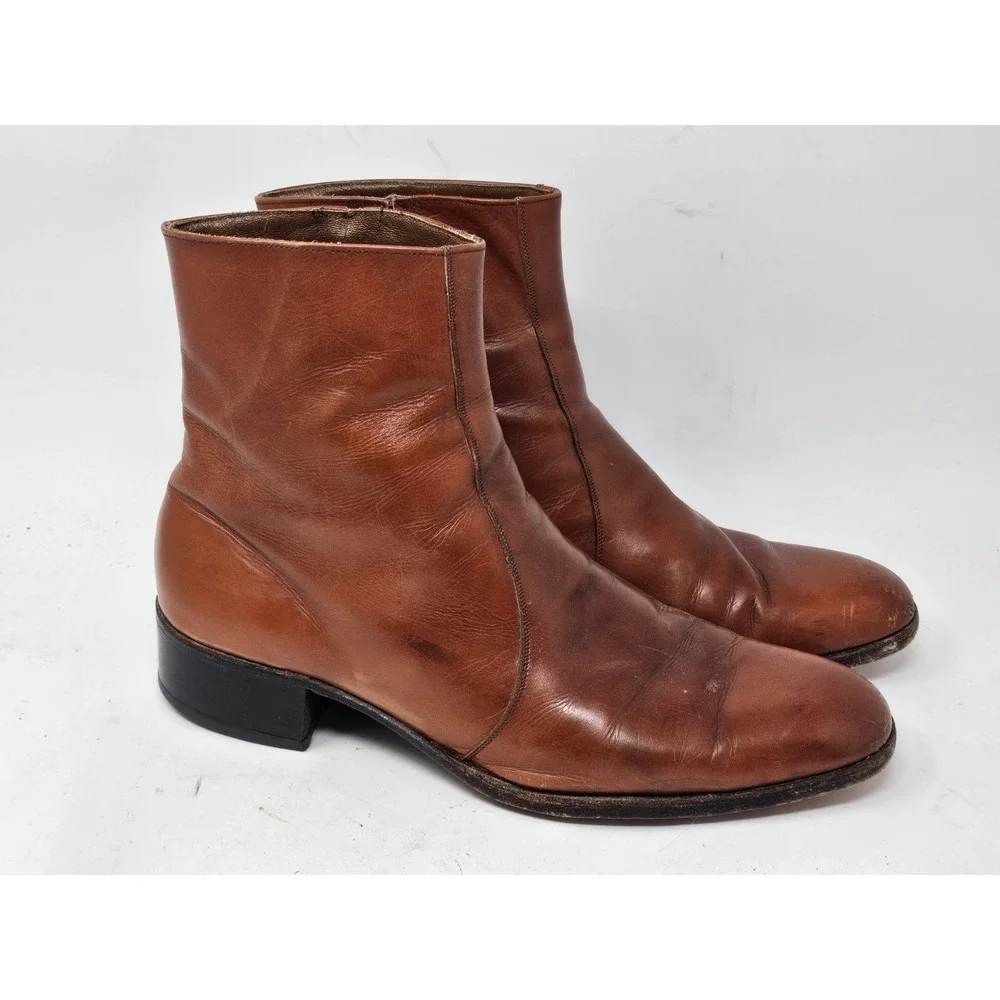 VINTAGE Florsheim Imperial Boots Mens 12 C Brown Leather Side Zip Ankle Dress